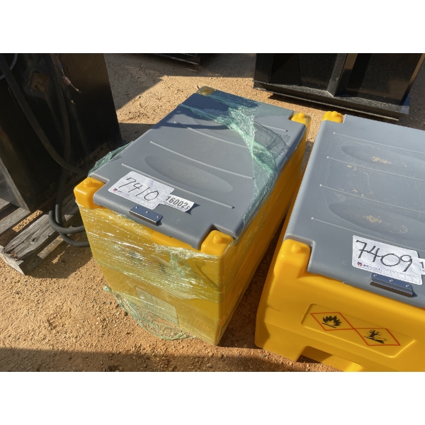 PLASTIC FUEL TANK, 12V PUMP, HOSE & NOZZLE, APPROX 55 GALLONS