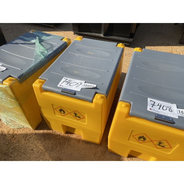 PLASTIC FUEL TANK, 12V PUMP, HOSE & NOZZLE, APPROX 55 GALLONS