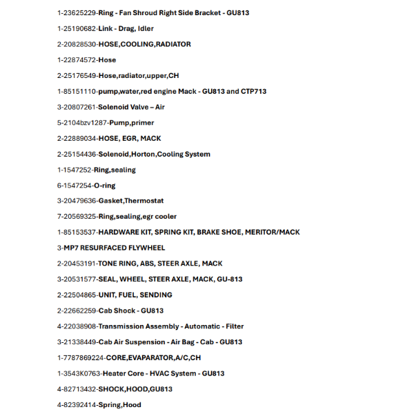 NEW/UNUSED MACK TRUCK PARTS