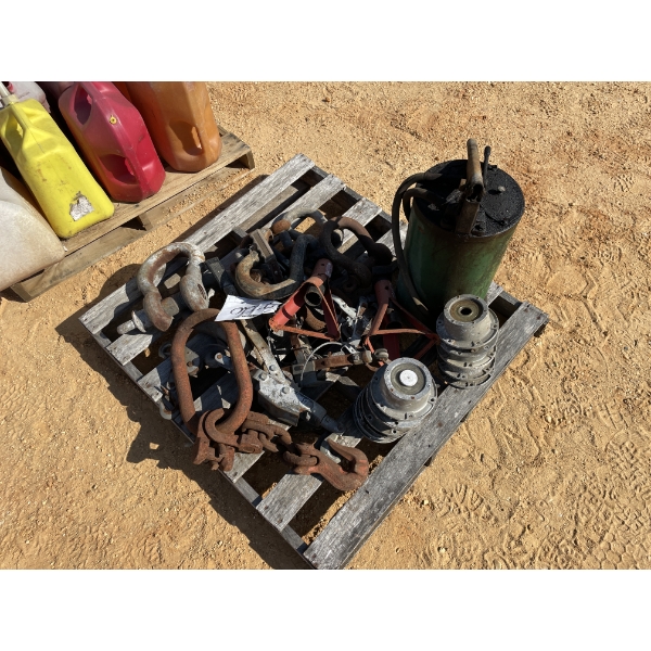 MISC CLEVISES, COME ALONGS, JACKSTANDS, HUBCAPS, PUMP