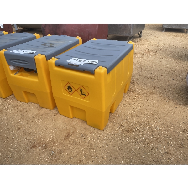 APPROX 58 GALLON PLASTIC FUEL TANK W/12v PUMP, HOSE & NOZZLE