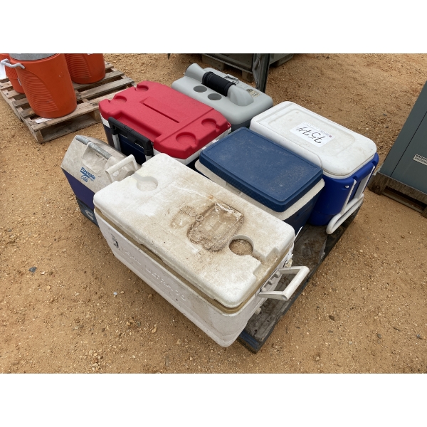VARIOUS QUART COOLERS (5 EA) & (1) BATTERY AIR COOL CHEST