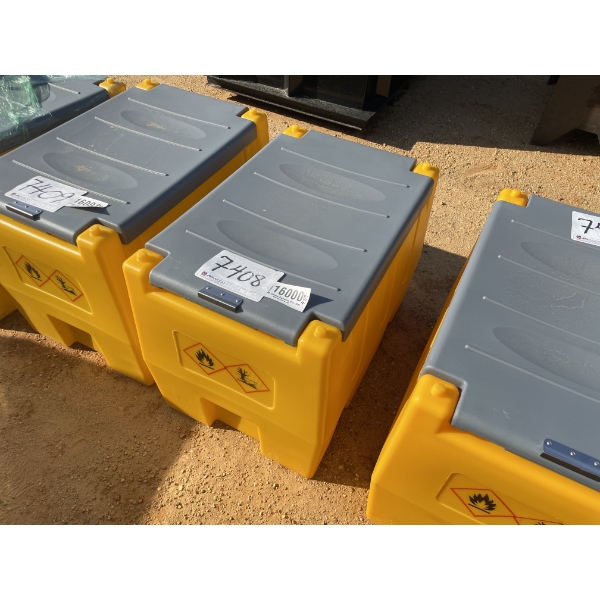 PLASTIC FUEL TANK, 12V PUMP, HOSE & NOZZLE, APPROX 55 GALLONS