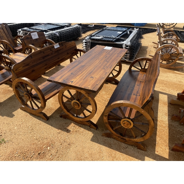 WAGON WHEEL BENCHES & TABLE, 3 pieces
