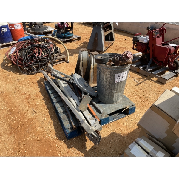 TRASH CAN FULL OF MISC ITEMS, TOWING EQUIP, STANDS