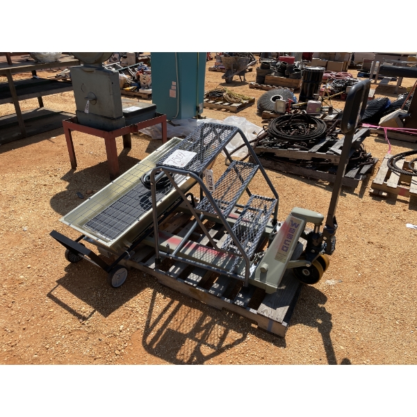 MISC ITEMS: wesco pallet jack, 3 step stairs, hand truck, heat lamp