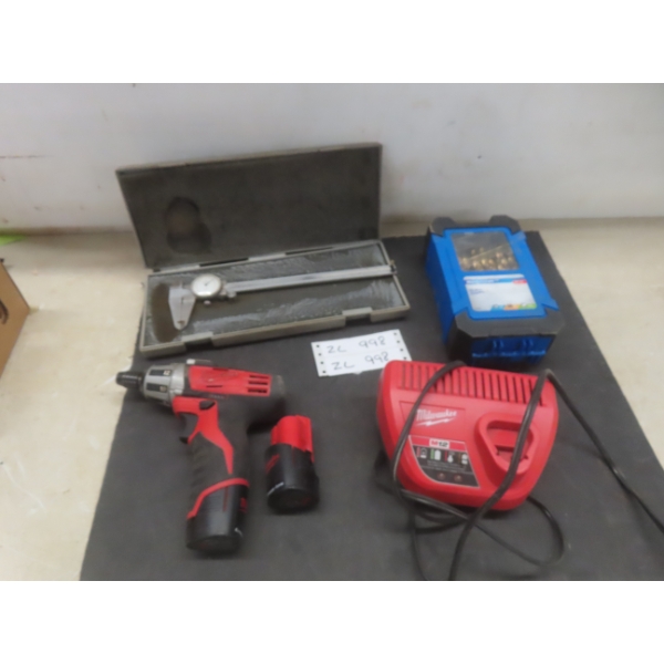 Mastercraft 26-Piece Titanium-Coated Drill Bit Set, Dial Caliper, Milwaukee 12V Cordless