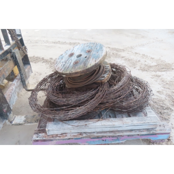 Palet of Used Barbed Wire, Fencing, and 3/4" Cable