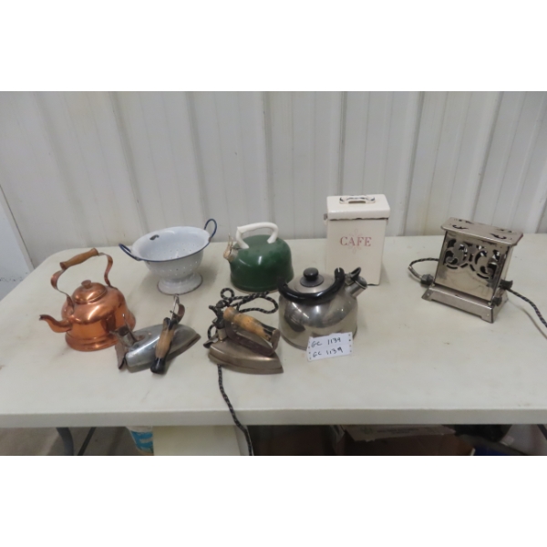 Kettle, Enamel Strainer, Drop Side Toaster, Iron + More