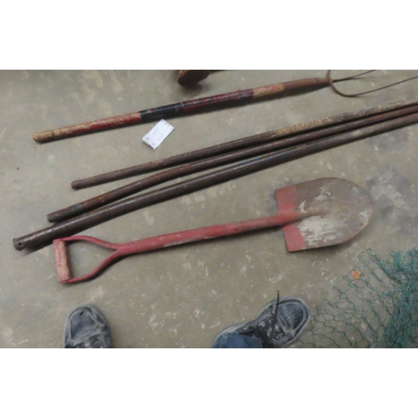 Lot of Yard Tools Including 3 Fencing Bars, Metal Fork, Spade and Post Mallet