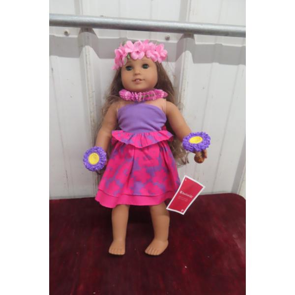 American Girl 18" Doll in Hawaiian Pink/Purple Dress With Floral Accessories