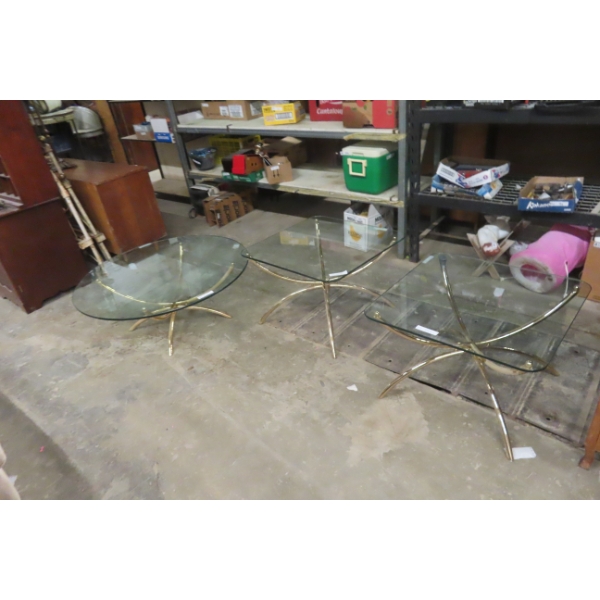 Three-Piece Brass and Glass Coffee Table Set