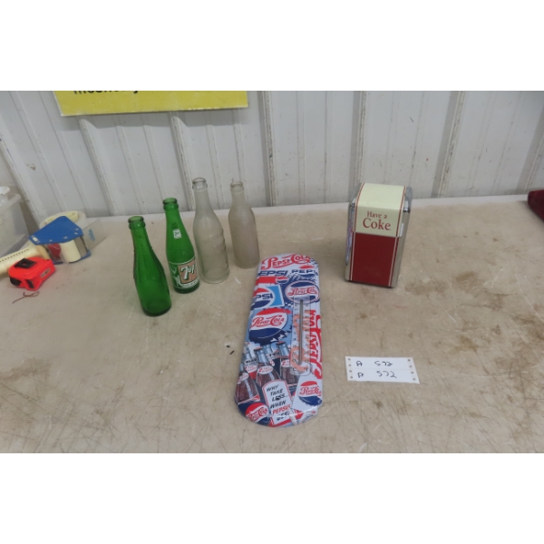 Coca-Cola Napkin Dispenser, Pepsi Thermometer And Four Pop Bottles