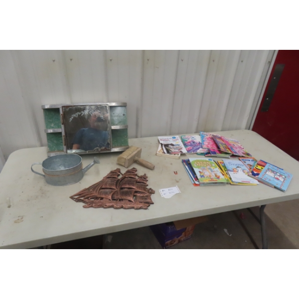 Vintage Vanity Mirror, Copper Craft Blue Nose Decor, and Children's Book