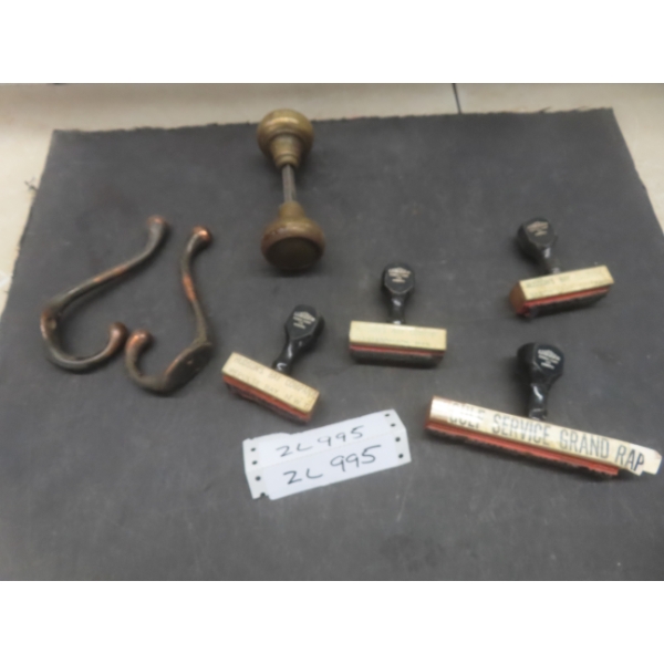 Brass Door Knobs Two Coat Hooks And Four Rubber Stamps Including Hudson’s Bay Company