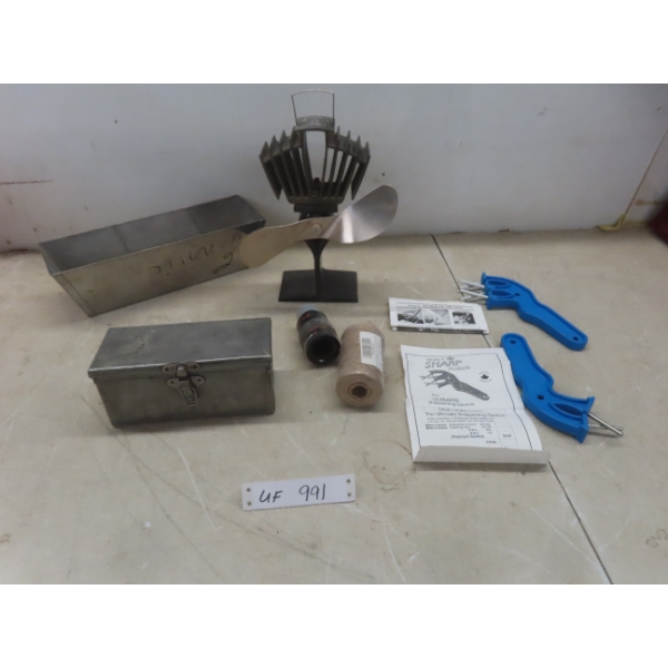 Mudders Tray, Wood Stove Fan, Whetstone Sharpening Device, Stainless Steel Box, and More