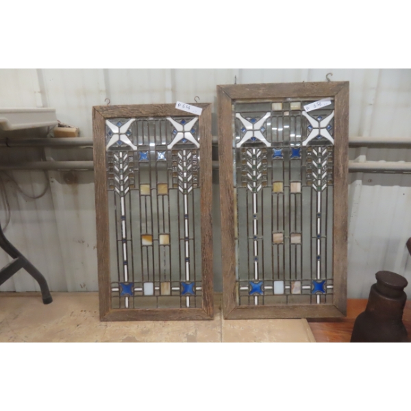Two Stained Glass Multi-Color Window Panels, 16" x 30" And 17" x 32"