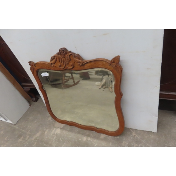 Oak-Framed Beveled Antique Mirror