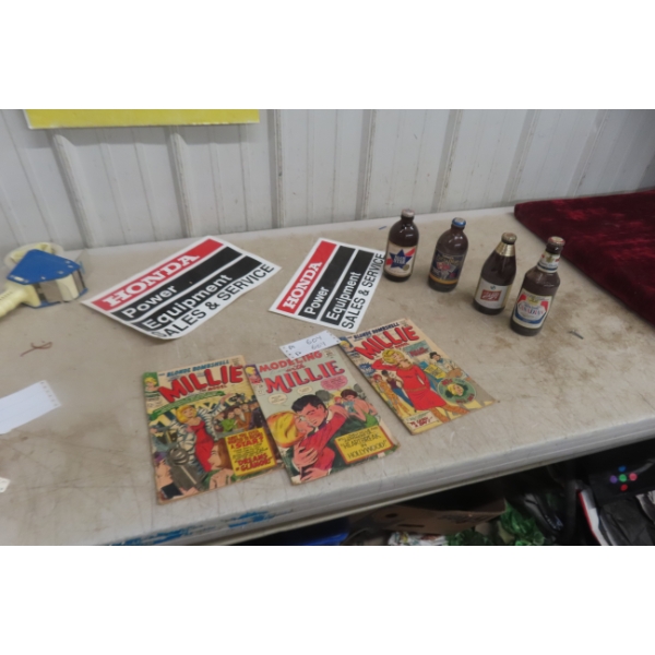 Vintage Beer Bottles With Product, Millie Comic Books .12 Cents And Honda Sign 