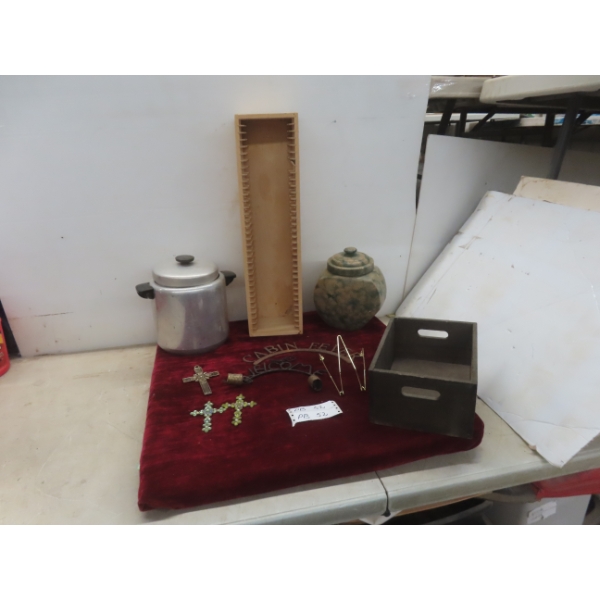 Metal Sign, Crosses, Cookie Jar, Pressure Cooker, and CD Case