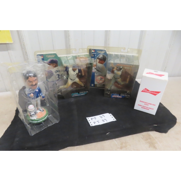Baseball Bobbleheads and Figurines Including Bud Home Run Glass