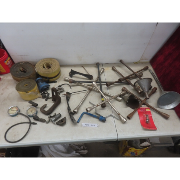 Tow Straps, 6 Tire Irons, Gauges, Funnels
