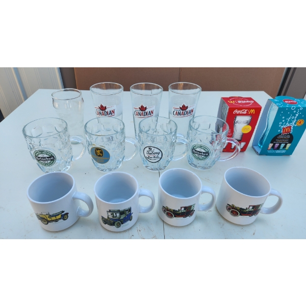 Fourteen Assorted Beer Glasses/Mugs and Automotive/Coffee Cups
