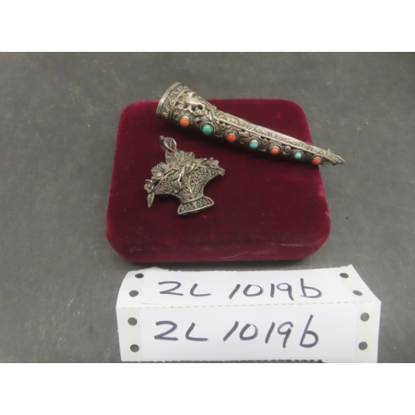 Vintage Chinese Export Sterling Silver Filigree Fingernail Guard Brooch And Floral Basket Brooch