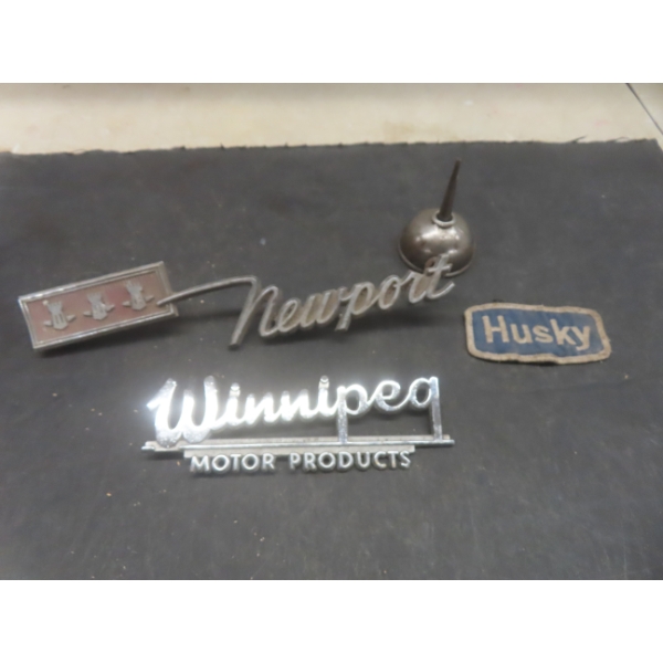 Two Chrome Auto Emblems Including Newport And Winnipeg Motor Products Husky Patch