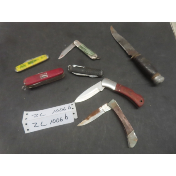 Seven Knives Including Hunting, Folding, And Swiss Army Styles