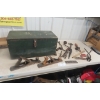 Image 1 : Painted Wood Carpenter Box, Plane, Drills, Forge Tongs, and More