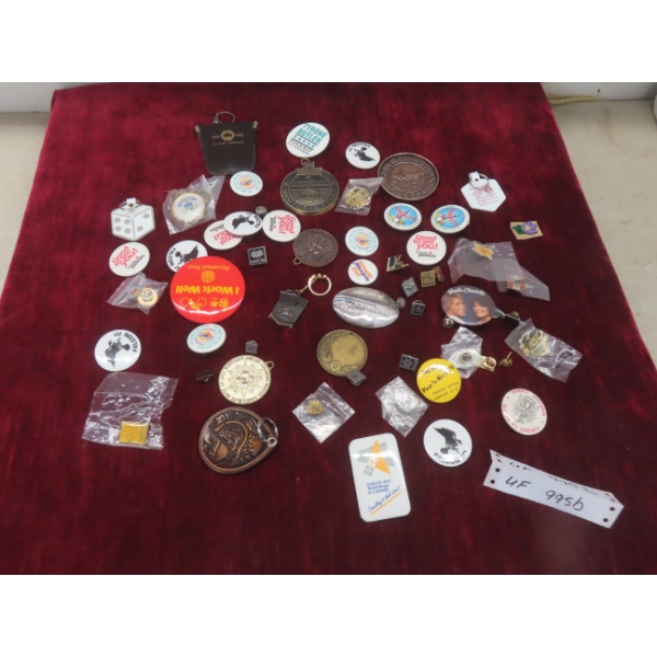 Assortment of Pin-Back Buttons and Key Chains, and More