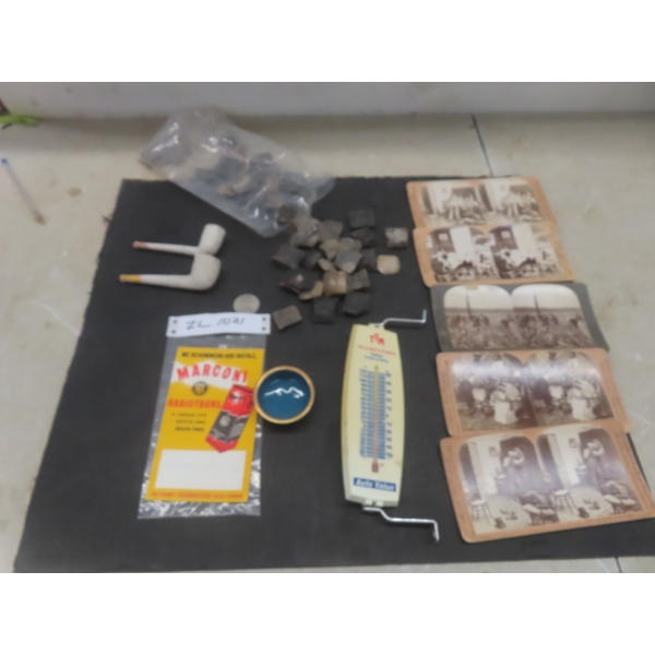 Three Vintage Stereoscope Cards, Marconi Advertisement, Two Meerschaum Pipes,