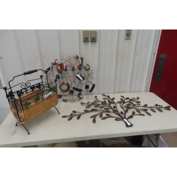 Two Metal Wall Sculptures with Magazine Rack