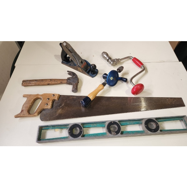 Stanley Planer, Two Drills/Augers, Hammer, Hand Saw, and Level