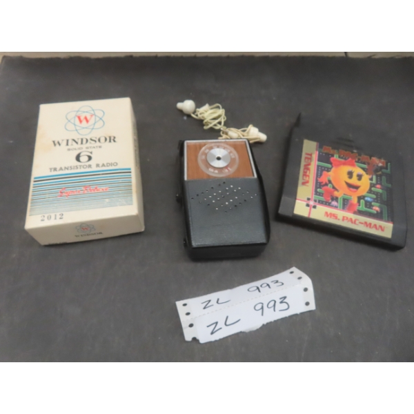 Windsor Solid State Transistor Radio With Headphones And Original Box Plus Ms. Pac-Man Game