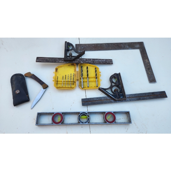 Level, Three Squares/Rulers, Nine Drill Bits, and Jackknife