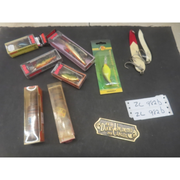 Fishing Lures, 2 Duck Callers, Brass Ducks Unlimited Plaque