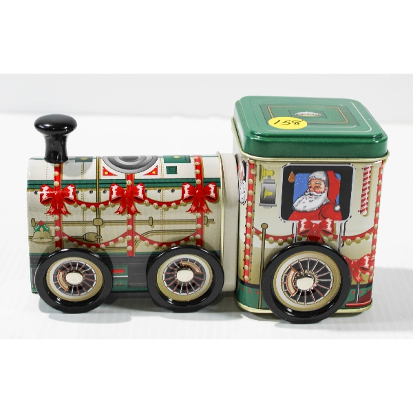 HOLIDAY JOY TRAIN TIN W/ MOVABLE WHEELS