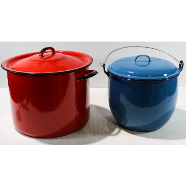 PAIR OF ENAMEL COOKING POTS