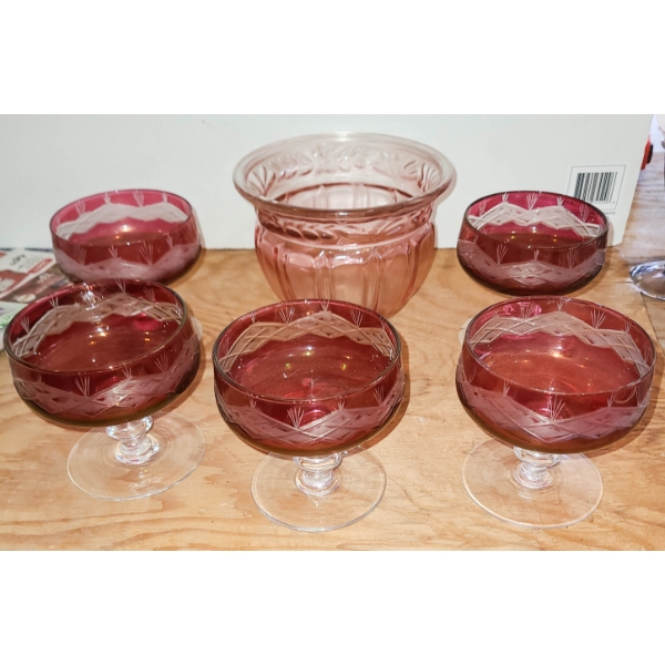 5 VINT. RUBY RED SHERBERT DISHES ETC.
