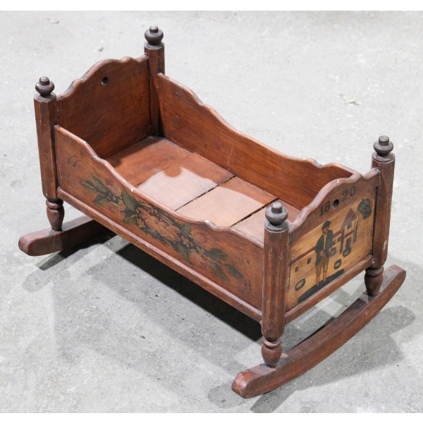 VINTAGE WOODEN DOLL CRADLE W/ GRAPHICS