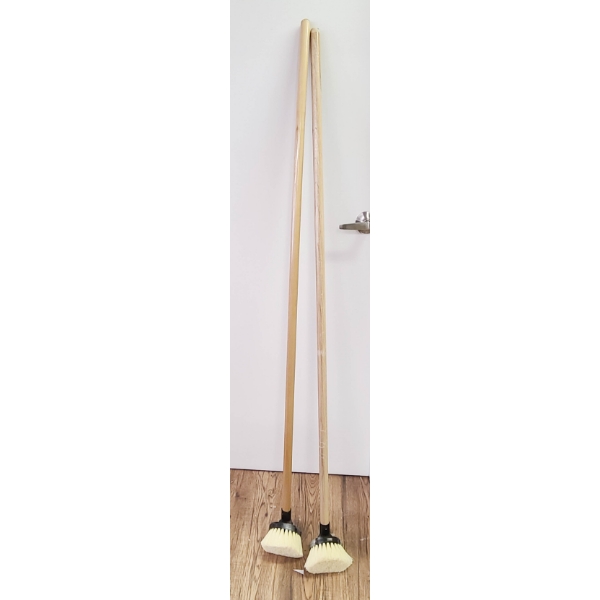 2 WOODEN HANDLED CLEANING BROOMS