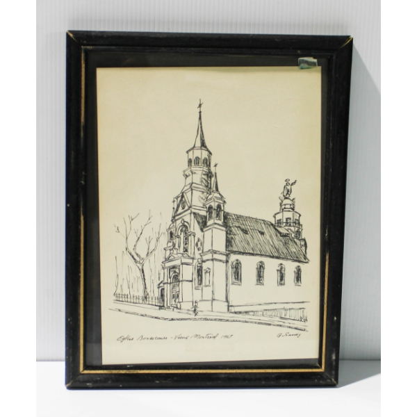 G. SAVOIE BONSECOURS CHURCH - OLD MONTREAL 1967 INK DRAWING