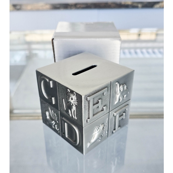 NEW LEARNING BLOCK MONEY BANK W/ PEWTER FINISH