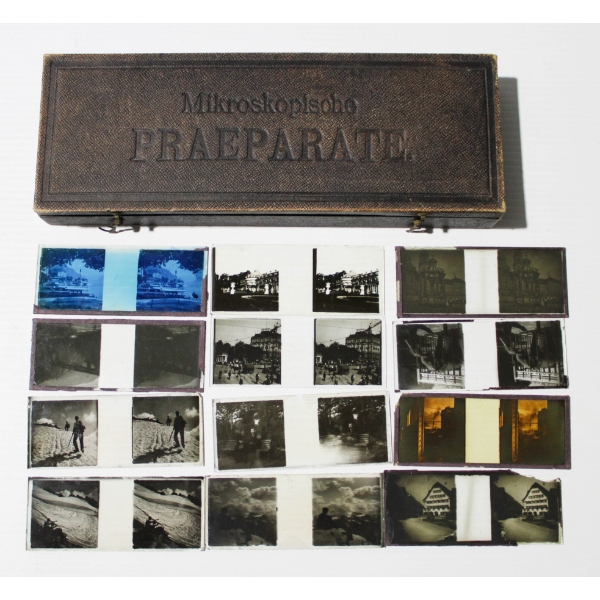 VINTAGE MICROSCOPE SLIDE BOX W/ GLASS PICTURE SLIDES