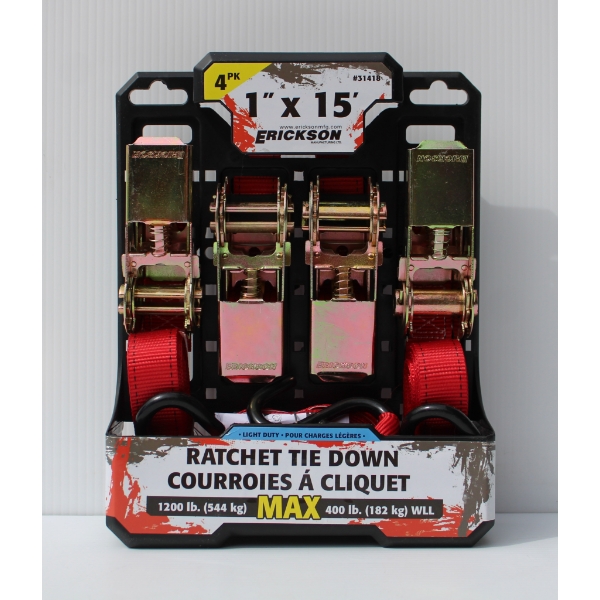 NEW 4PK ERICKSON 1" X 15 FT RATCHET TIE DOWN