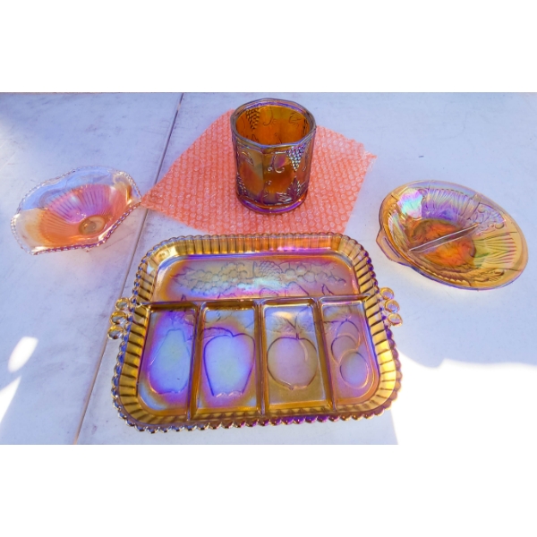 VINTAGE CARNIVAL GLASS DIVIDED SERVING TRAYS BOWL ETC.