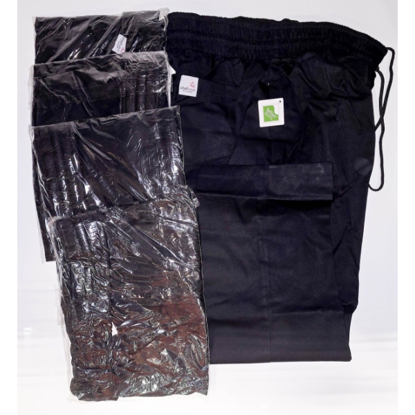 FIVE PAIRS OF BLACK CHEF WEAR PANTS SIZE 32