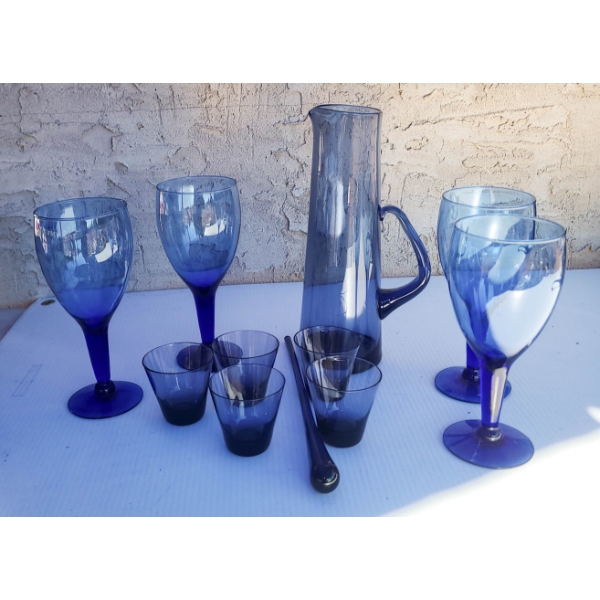 BLUE GLASS PITCHER W/ STIR STICK & WATER GOBLETS